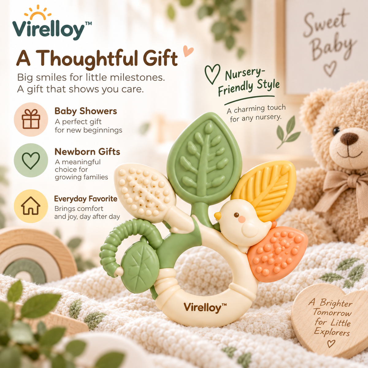 Virelloy™ Soft Silicone Baby Teether with Textured Leaf Shape and Comfort Grip Design