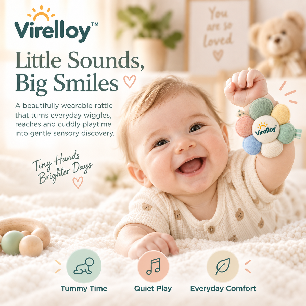 Virelloy™ Soft Sensory Baby Wrist Rattle with Adjustable Comfort Band and Gentle Motion Sounds