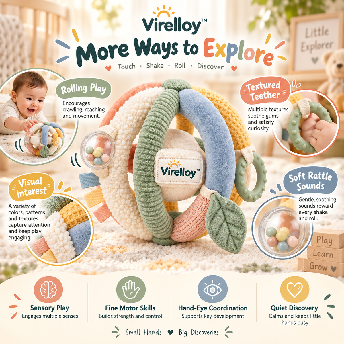 Virelloy™ Soft Sensory Baby Discovery Ball with Multi Texture Layers and Easy Grip Design