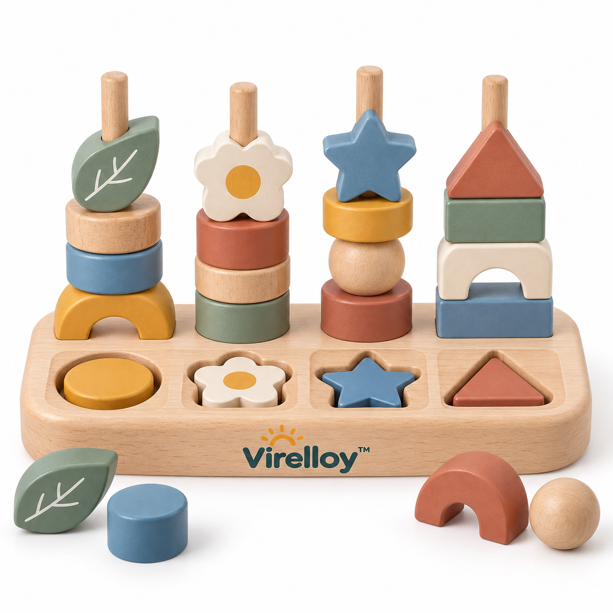 Virelloy™ Wooden Shape Sorting Stacking Blocks with Color Matching and Creative Balance Play Set