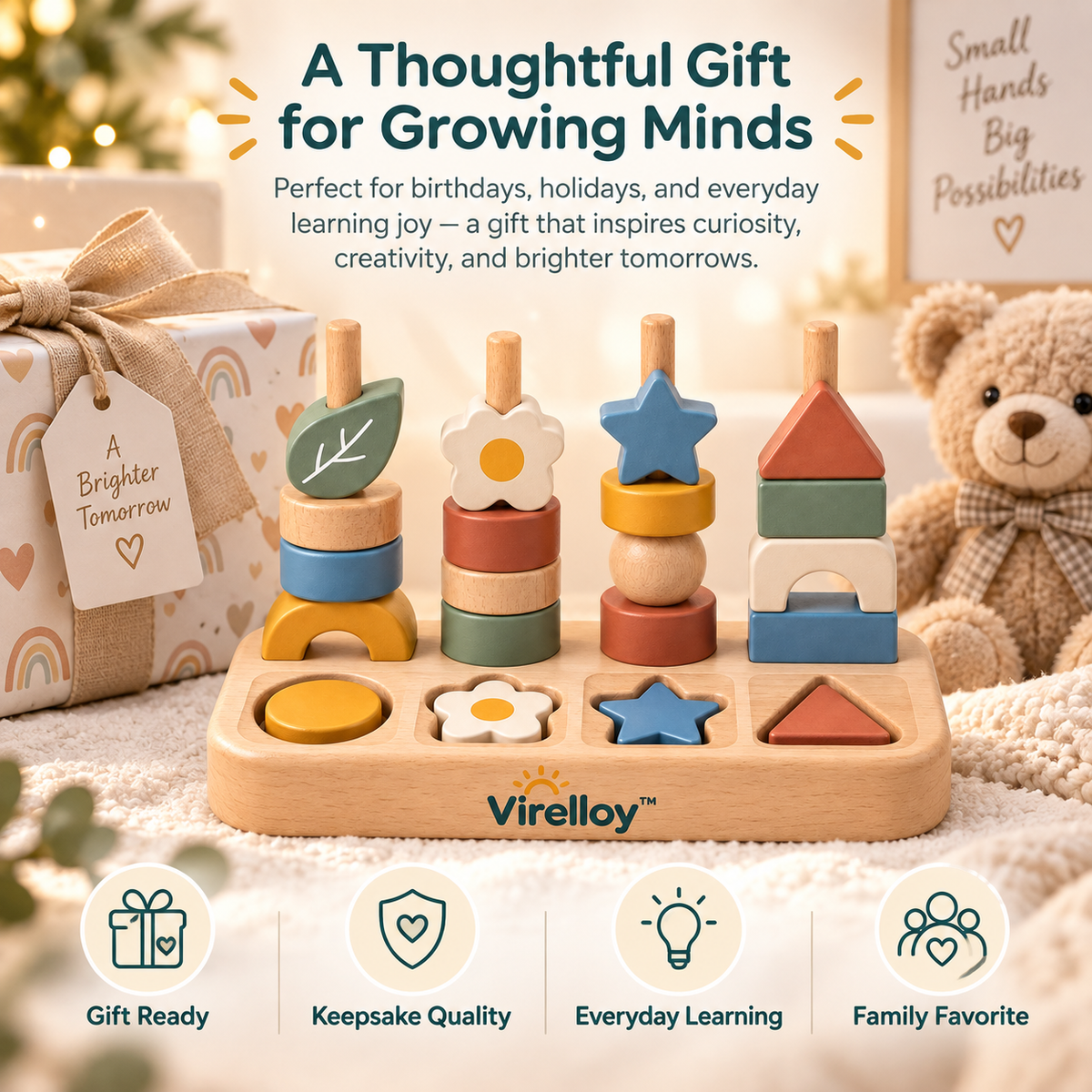 Virelloy™ Wooden Shape Sorting Stacking Blocks with Color Matching and Creative Balance Play Set