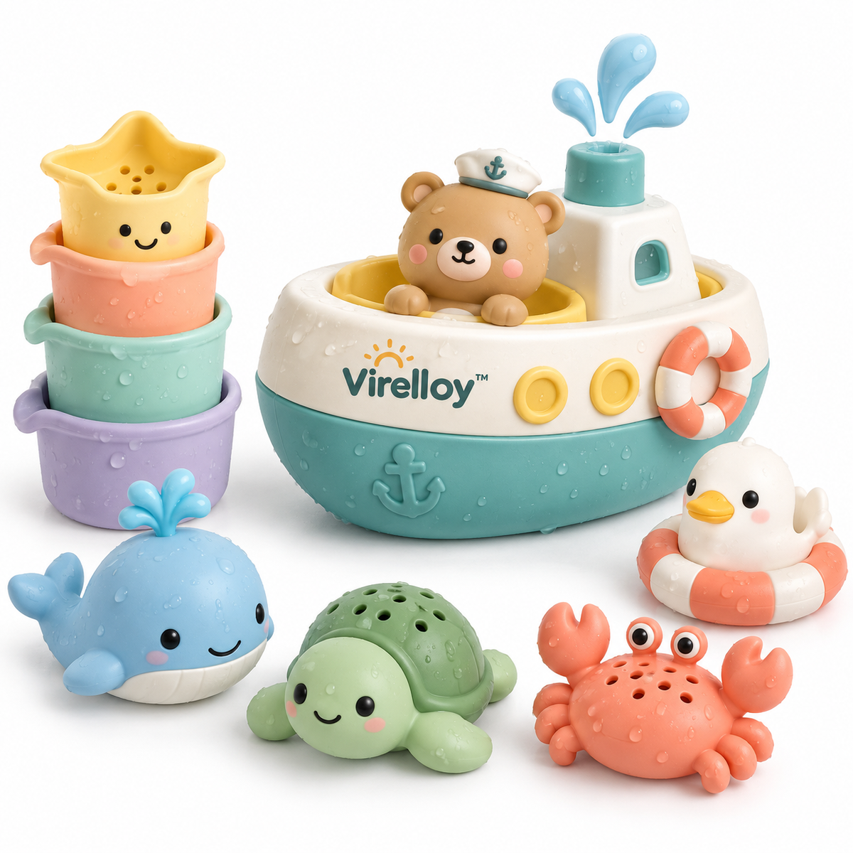 Virelloy™ Floating Bath Toy Set with Water Play Characters and Gentle Pouring Fun