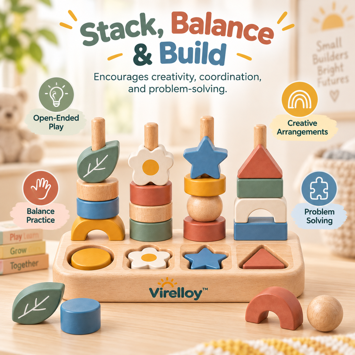 Virelloy™ Wooden Shape Sorting Stacking Blocks with Color Matching and Creative Balance Play Set