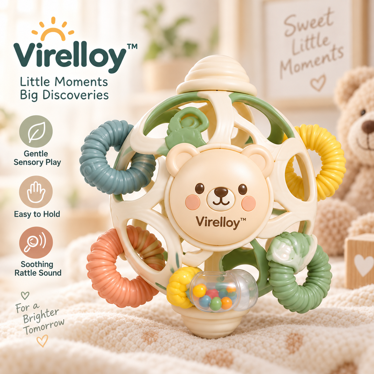 Virelloy™ Gentle Motion Baby Rattle with Soft Sensory Rings and Modern Nursery Design