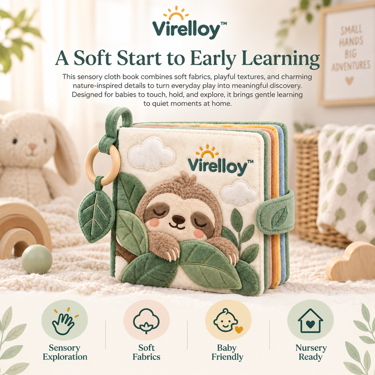 Virelloy™ Soft Sensory Baby Cloth Book with Interactive Fabric Pages and Early Learning Exploration