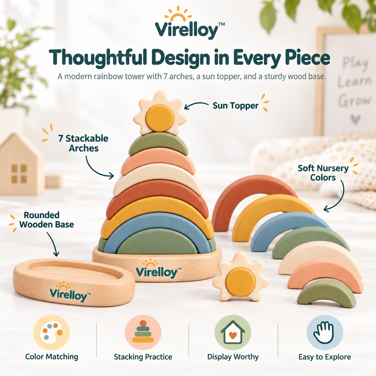 Virelloy™ Wooden Rainbow Stacking Tower with Color Sorting Arches and Creative Balance Play Set
