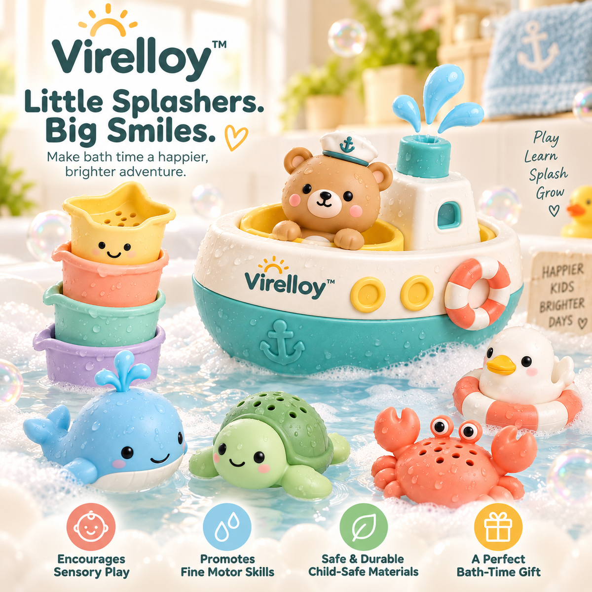 Virelloy™ Floating Bath Toy Set with Water Play Characters and Gentle Pouring Fun