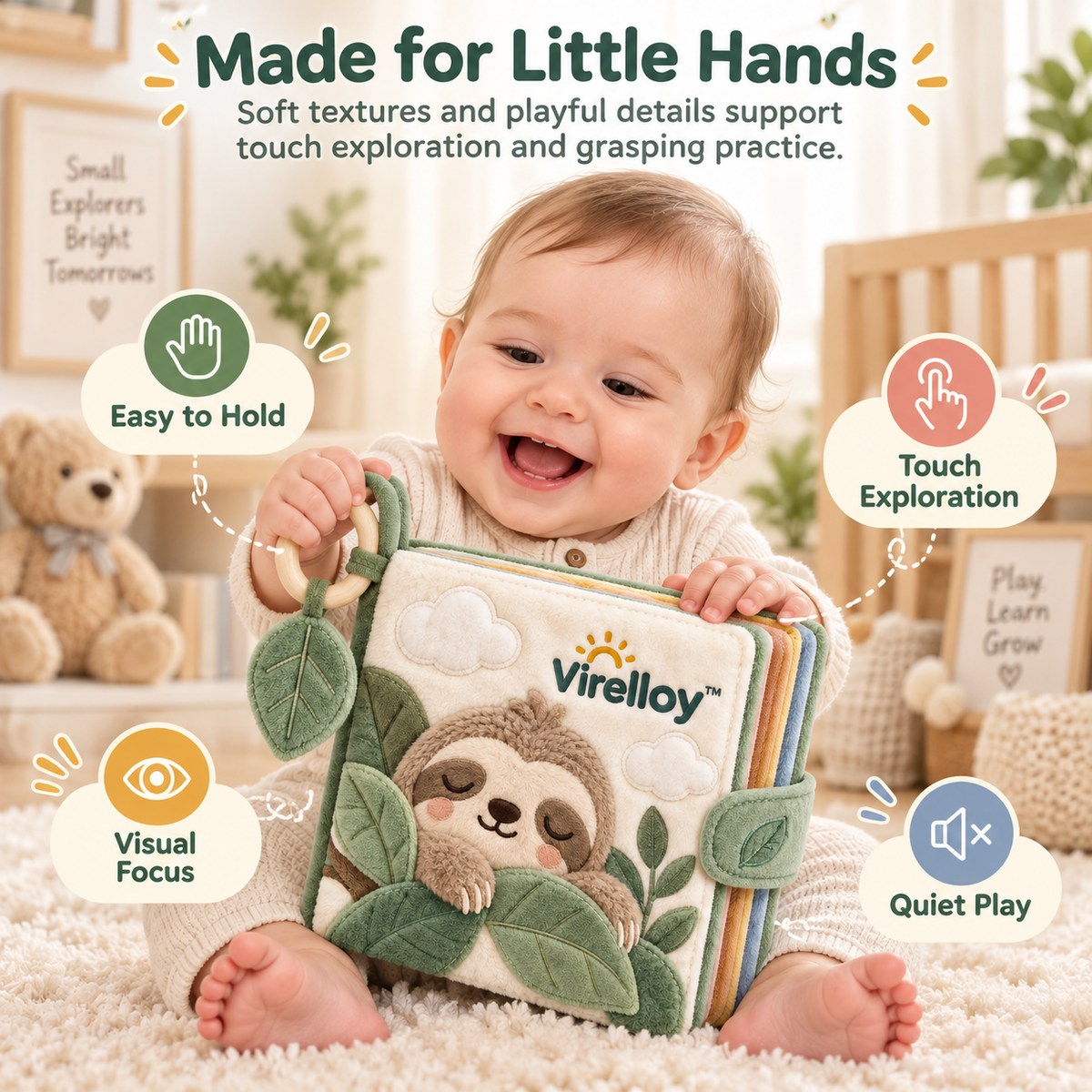 Virelloy™ Soft Sensory Baby Cloth Book with Interactive Fabric Pages and Early Learning Exploration