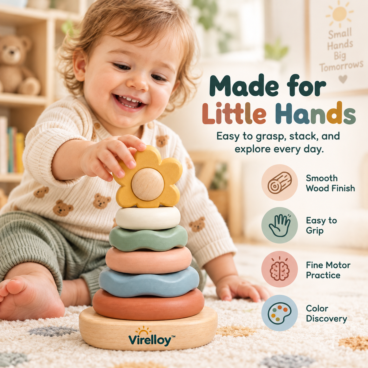 Virelloy™ Wooden Ring Stacking Toy with Color Sorting Rings and Balance Learning Play Set