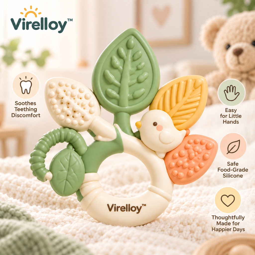 Virelloy™ Soft Silicone Baby Teether with Textured Leaf Shape and Comfort Grip Design