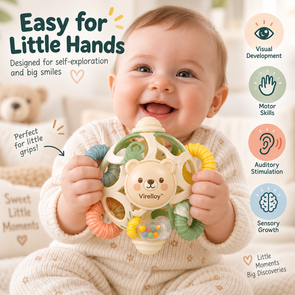 Virelloy™ Gentle Motion Baby Rattle with Soft Sensory Rings and Modern Nursery Design
