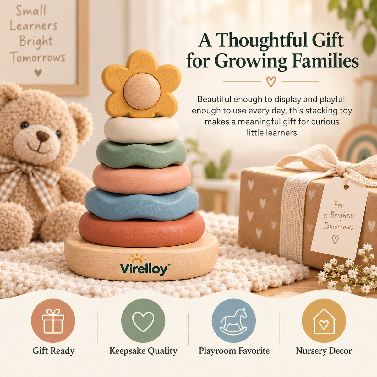 Virelloy™ Wooden Ring Stacking Toy with Color Sorting Rings and Balance Learning Play Set