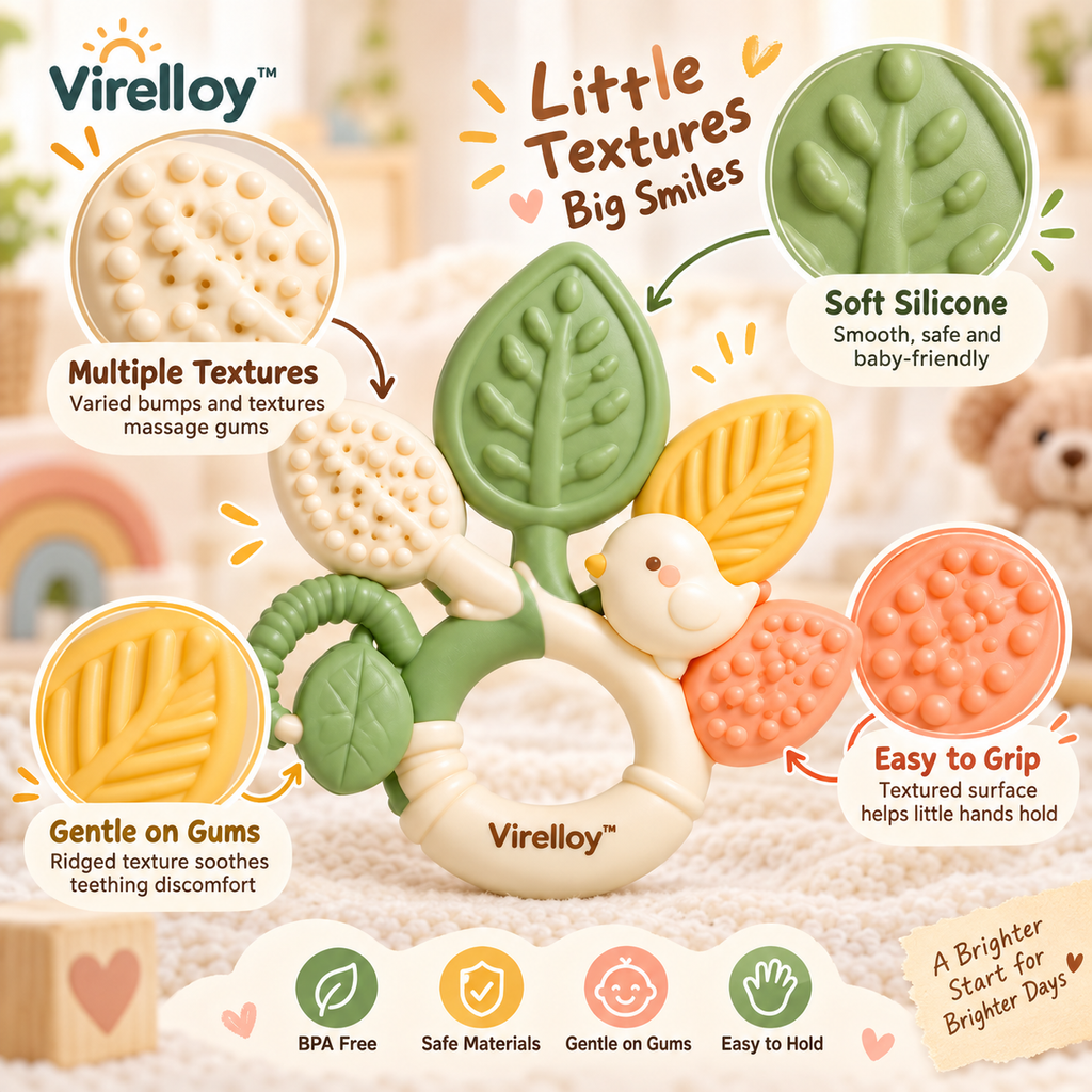 Virelloy™ Soft Silicone Baby Teether with Textured Leaf Shape and Comfort Grip Design