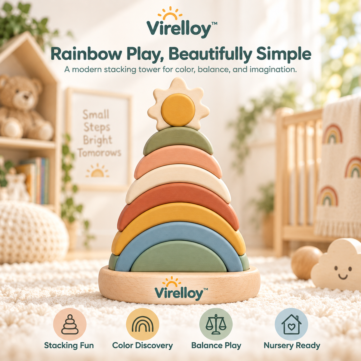 Virelloy™ Wooden Rainbow Stacking Tower with Color Sorting Arches and Creative Balance Play Set