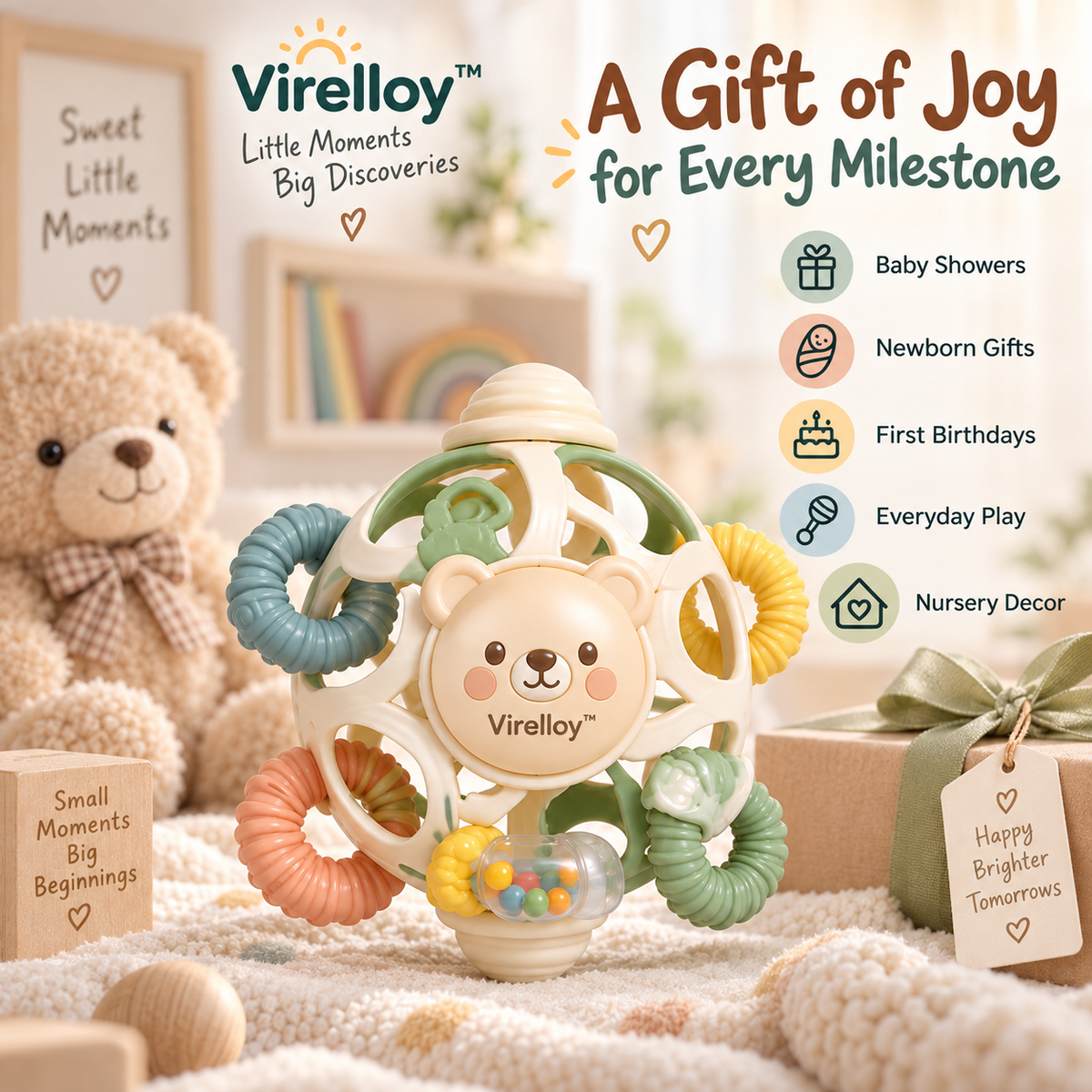 Virelloy™ Gentle Motion Baby Rattle with Soft Sensory Rings and Modern Nursery Design