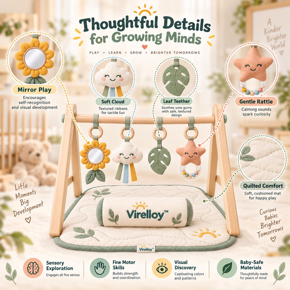 Virelloy™ Wooden Style Baby Activity Gym with Rotating Sensory Toys and Modern Nursery Play Center
