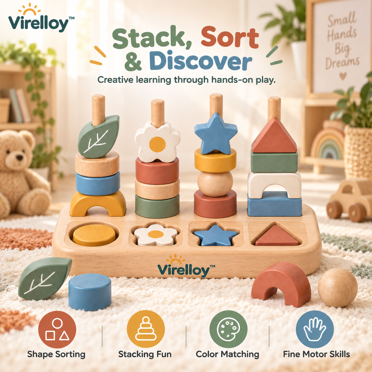Virelloy™ Wooden Shape Sorting Stacking Blocks with Color Matching and Creative Balance Play Set