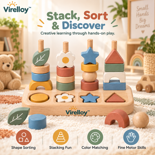 Virelloy™ Wooden Shape Sorting Stacking Blocks with Color Matching and Creative Balance Play Set