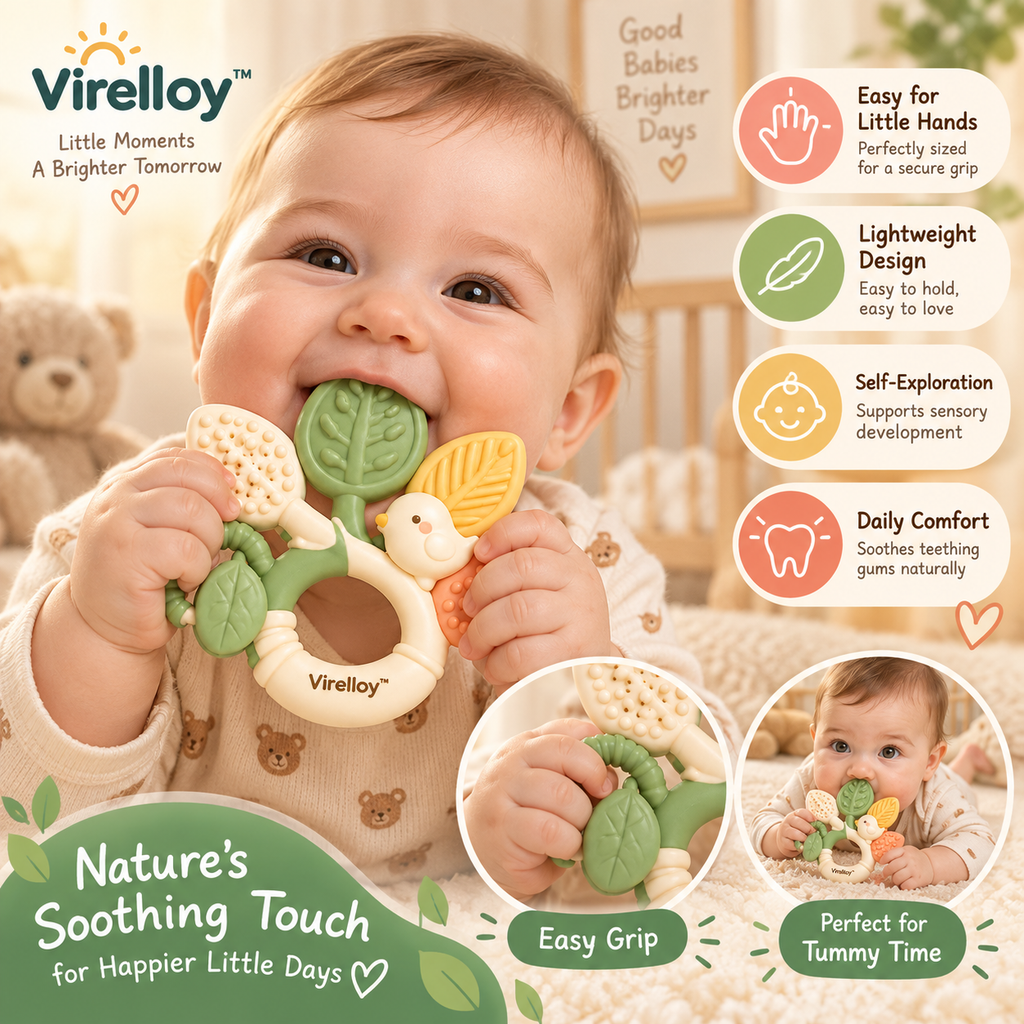 Virelloy™ Soft Silicone Baby Teether with Textured Leaf Shape and Comfort Grip Design