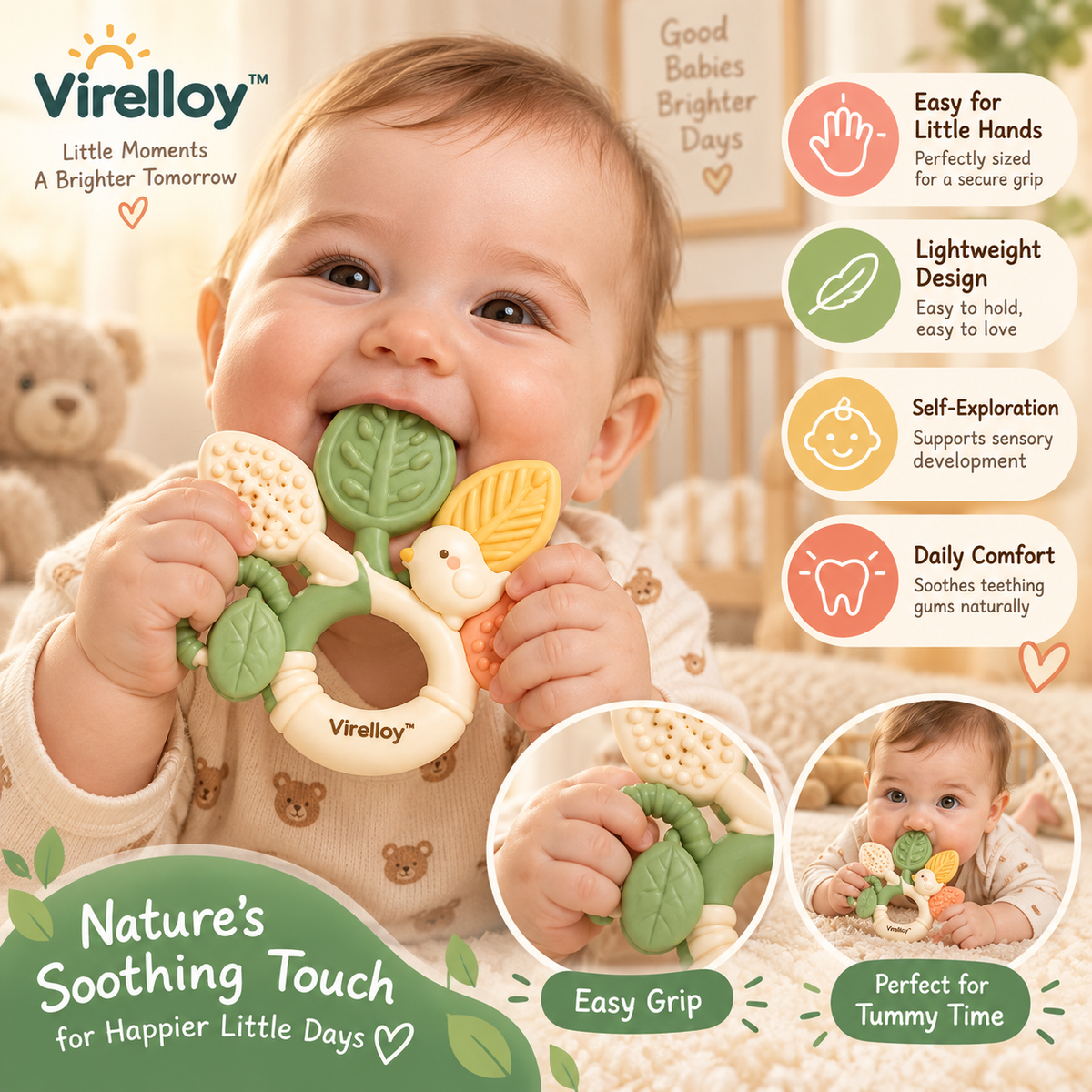 Virelloy™ Soft Silicone Baby Teether with Textured Leaf Shape and Comfort Grip Design