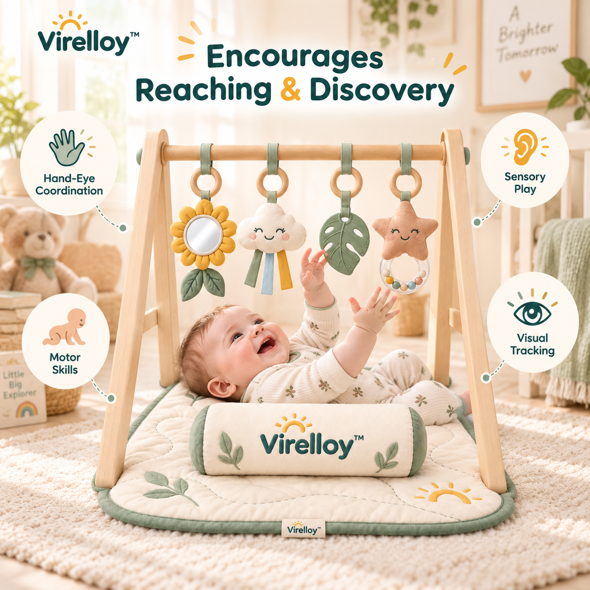 Virelloy™ Wooden Style Baby Activity Gym with Rotating Sensory Toys and Modern Nursery Play Center