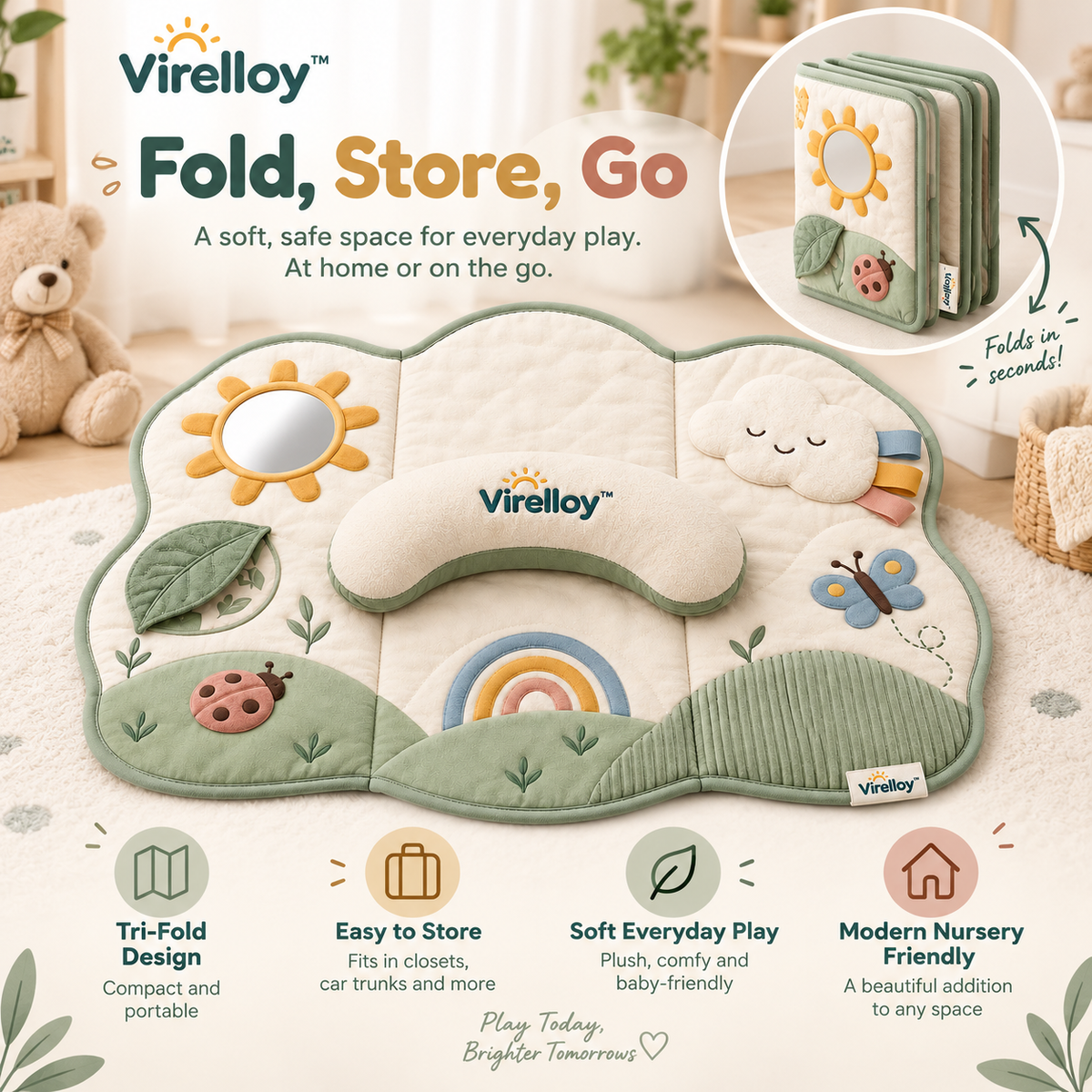Virelloy™ Cloud Meadow Baby Activity Play Mat with Soft Sensory Zones and Foldable Infant Discovery Space