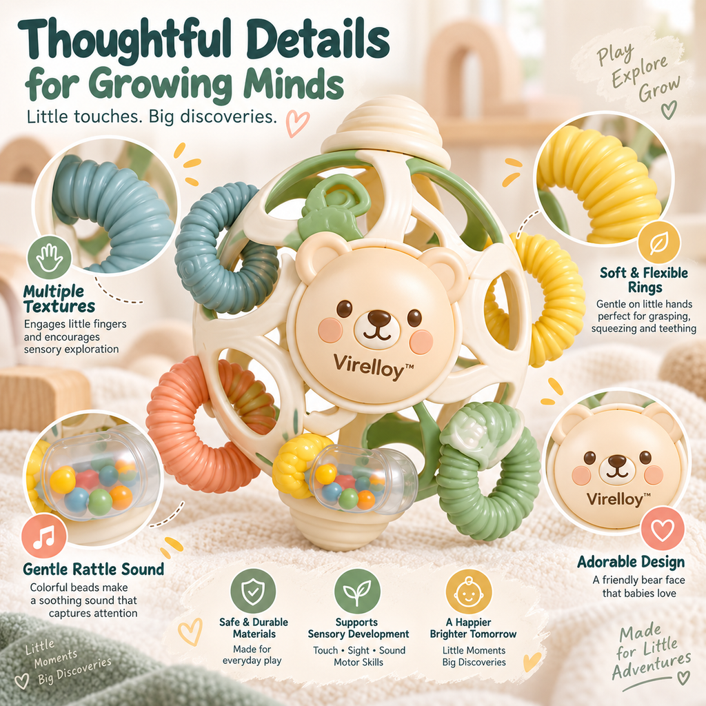 Virelloy™ Gentle Motion Baby Rattle with Soft Sensory Rings and Modern Nursery Design