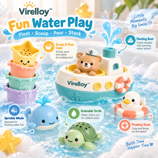 Virelloy™ Floating Bath Toy Set with Water Play Characters and Gentle Pouring Fun