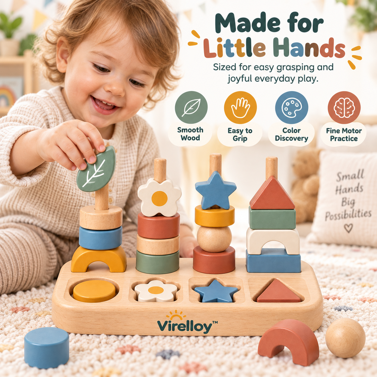 Virelloy™ Wooden Shape Sorting Stacking Blocks with Color Matching and Creative Balance Play Set