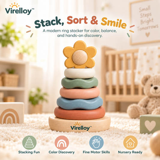 Virelloy™ Wooden Ring Stacking Toy with Color Sorting Rings and Balance Learning Play Set