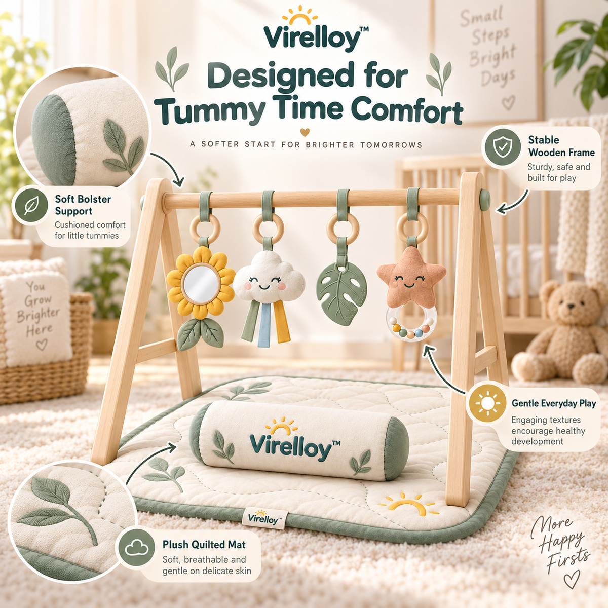 Virelloy™ Wooden Style Baby Activity Gym with Rotating Sensory Toys and Modern Nursery Play Center