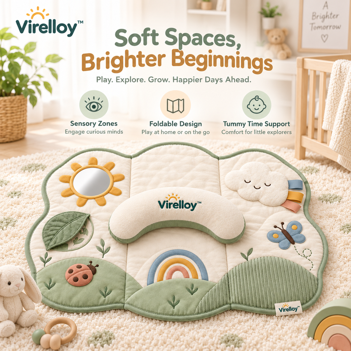 Virelloy™ Cloud Meadow Baby Activity Play Mat with Soft Sensory Zones and Foldable Infant Discovery Space