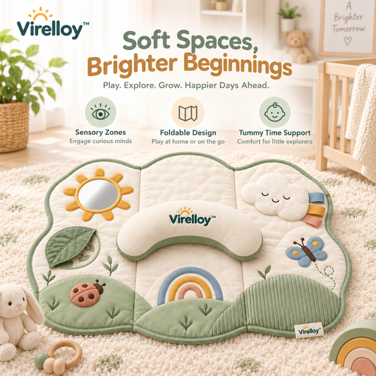 Virelloy™ Cloud Meadow Baby Activity Play Mat with Soft Sensory Zones and Foldable Infant Discovery Space