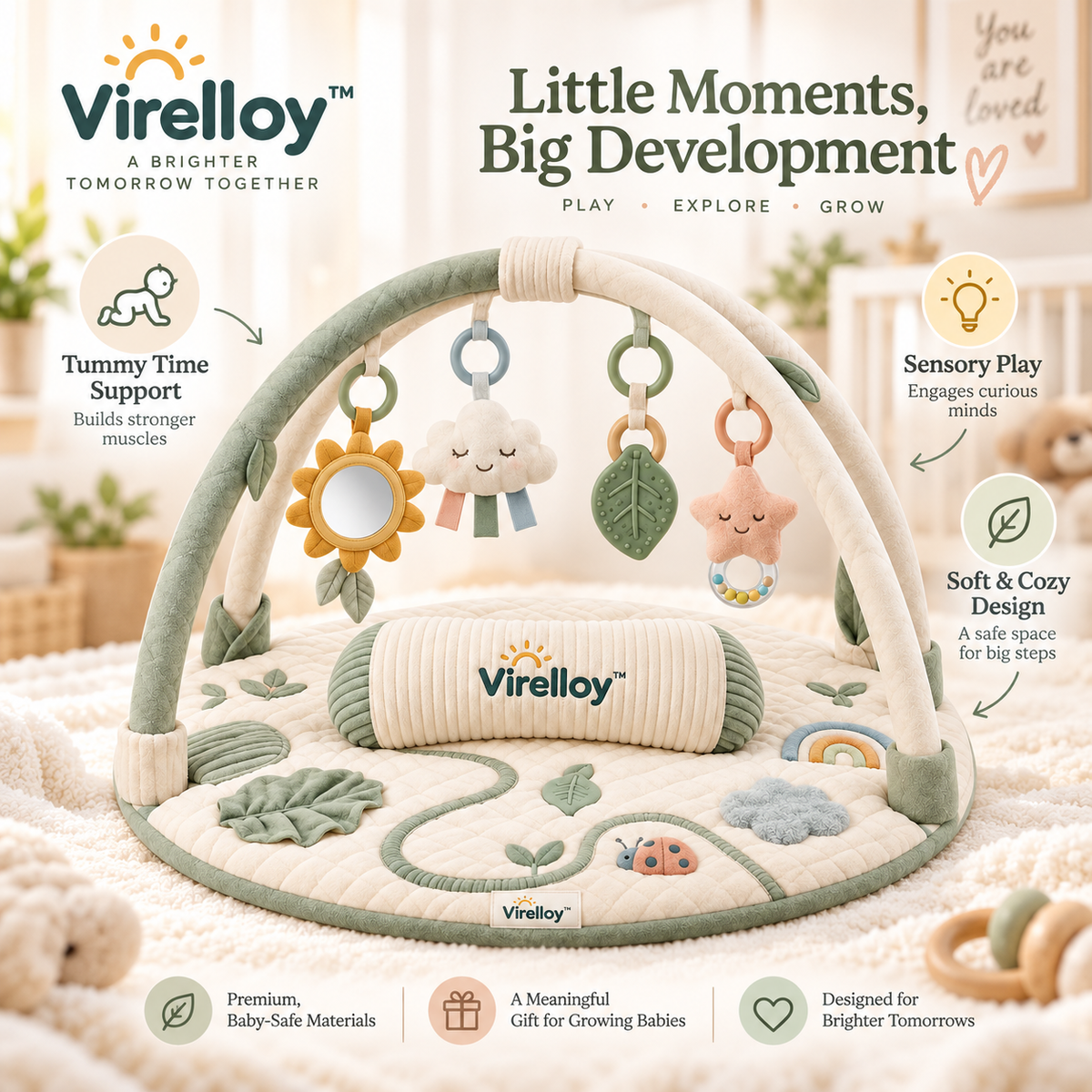 Virelloy™ Soft Activity Tummy Time Play Gym with Interactive Sensory Arch and Baby Development Mat