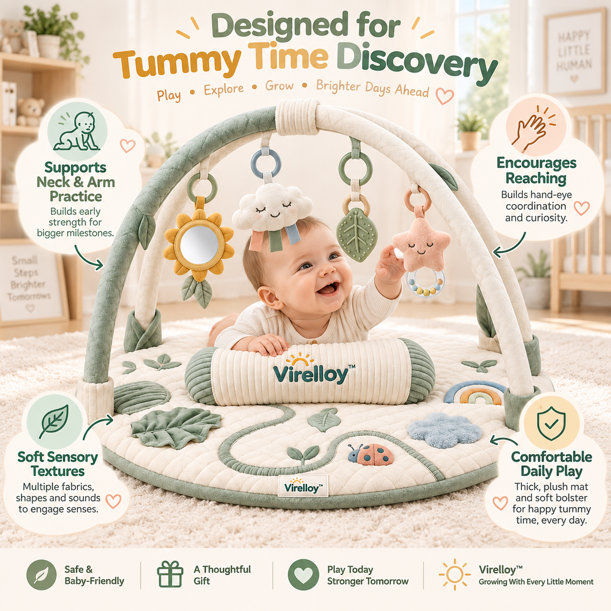 Virelloy™ Soft Activity Tummy Time Play Gym with Interactive Sensory Arch and Baby Development Mat