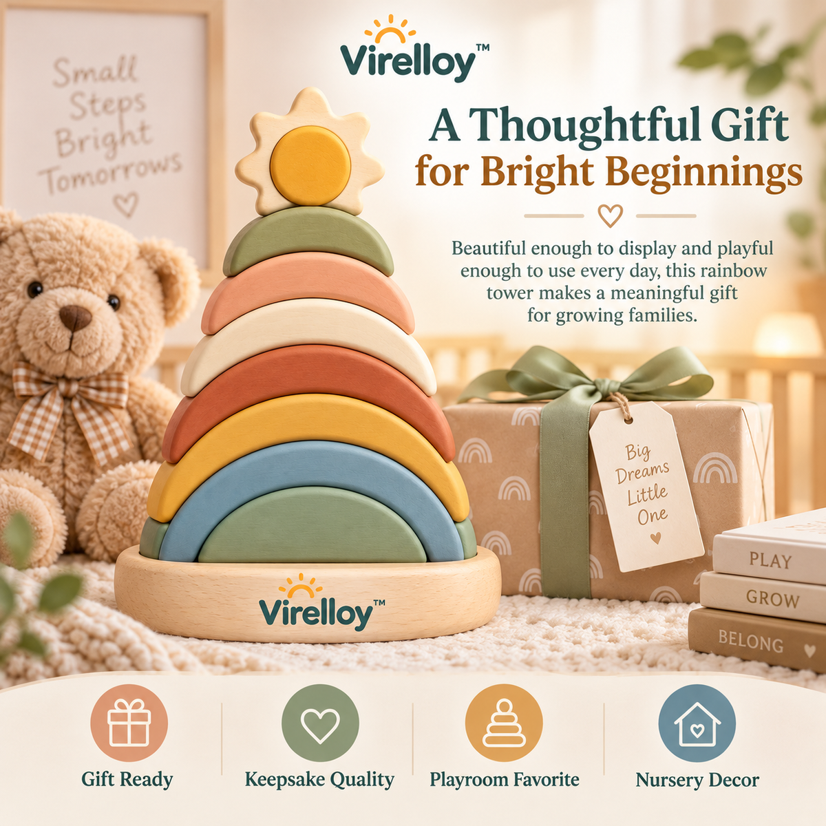 Virelloy™ Wooden Rainbow Stacking Tower with Color Sorting Arches and Creative Balance Play Set