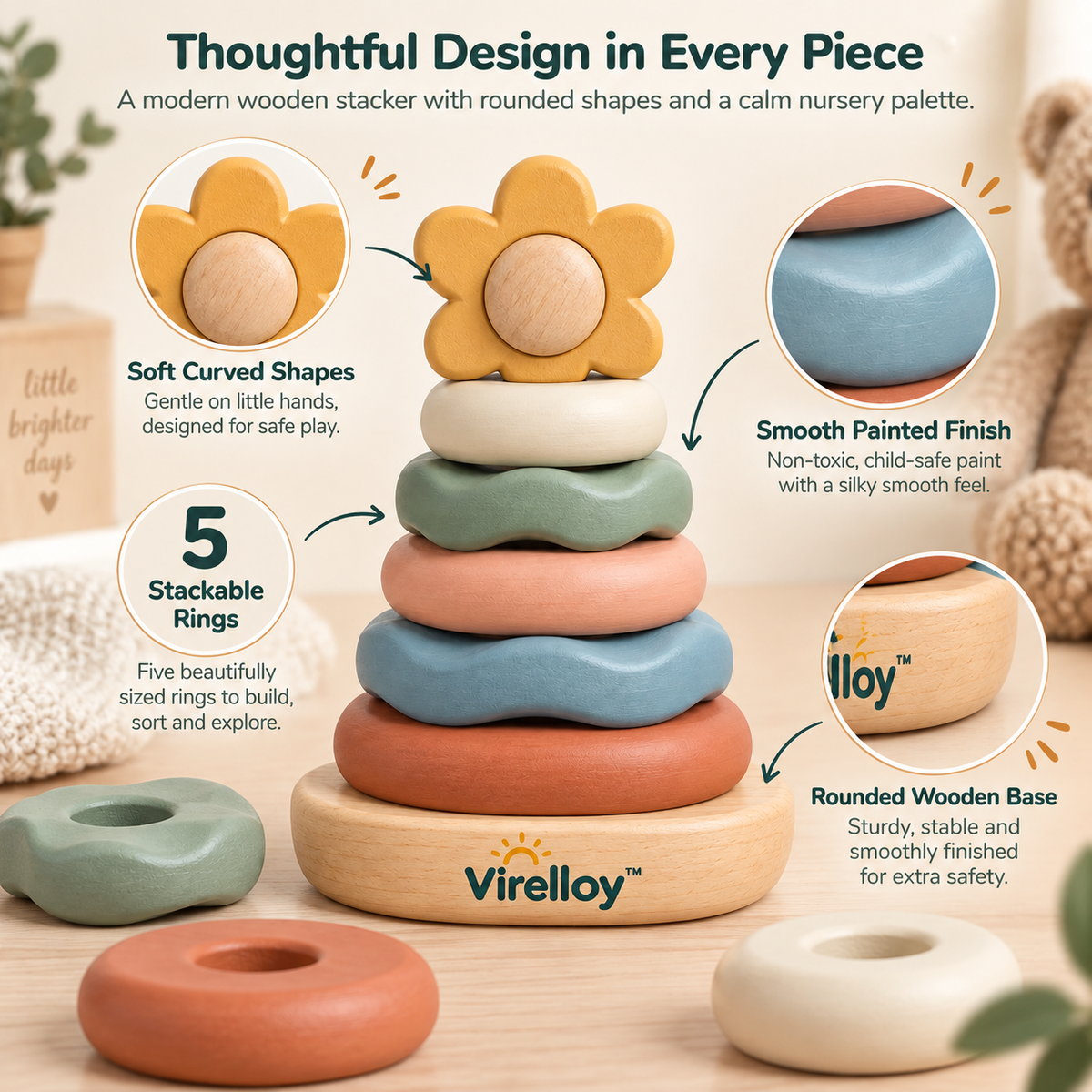 Virelloy™ Wooden Ring Stacking Toy with Color Sorting Rings and Balance Learning Play Set
