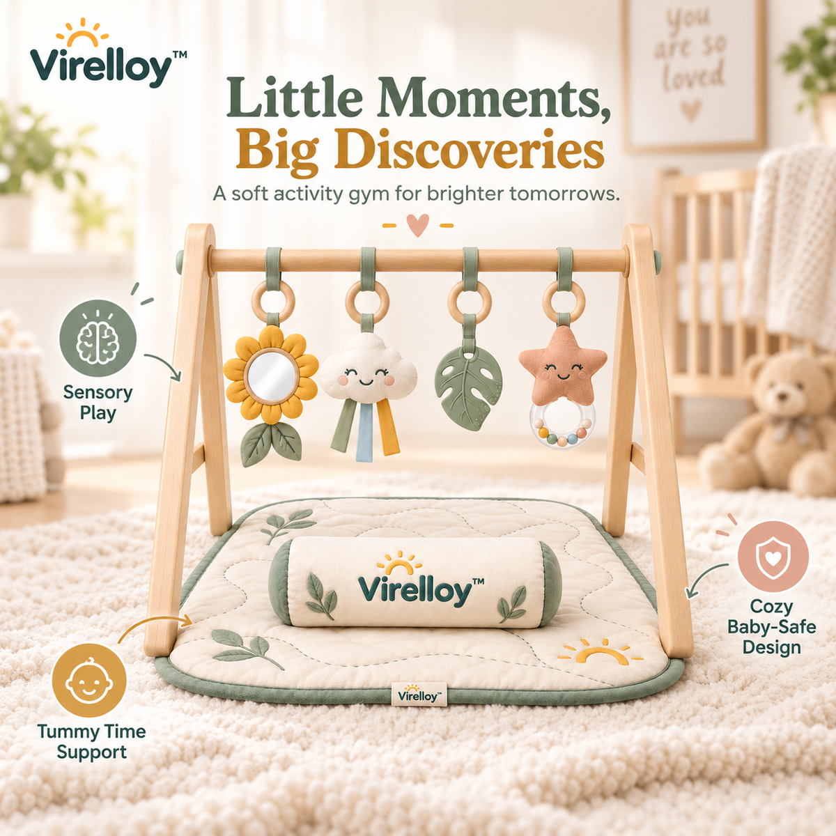 Virelloy™ Wooden Style Baby Activity Gym with Rotating Sensory Toys and Modern Nursery Play Center