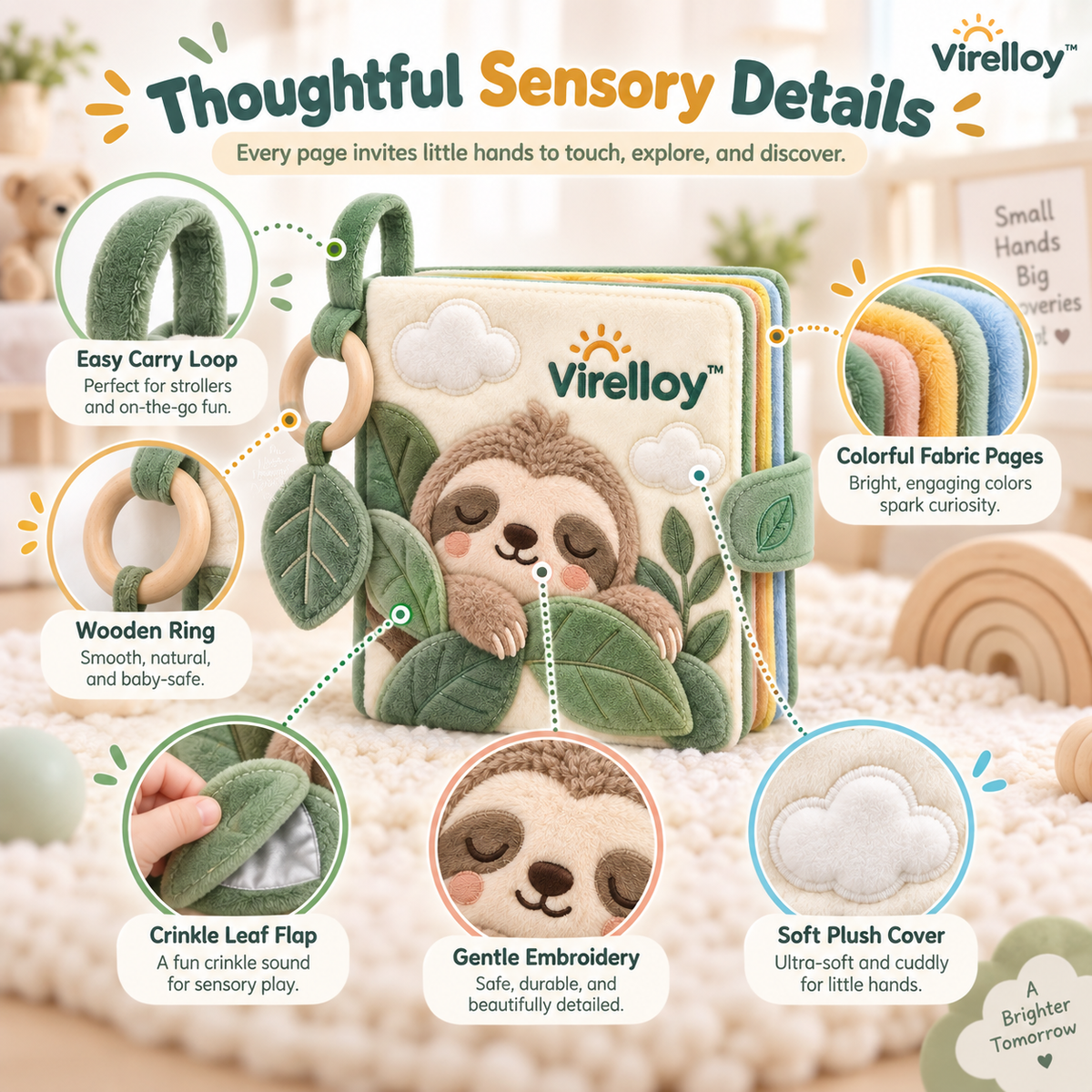 Virelloy™ Soft Sensory Baby Cloth Book with Interactive Fabric Pages and Early Learning Exploration