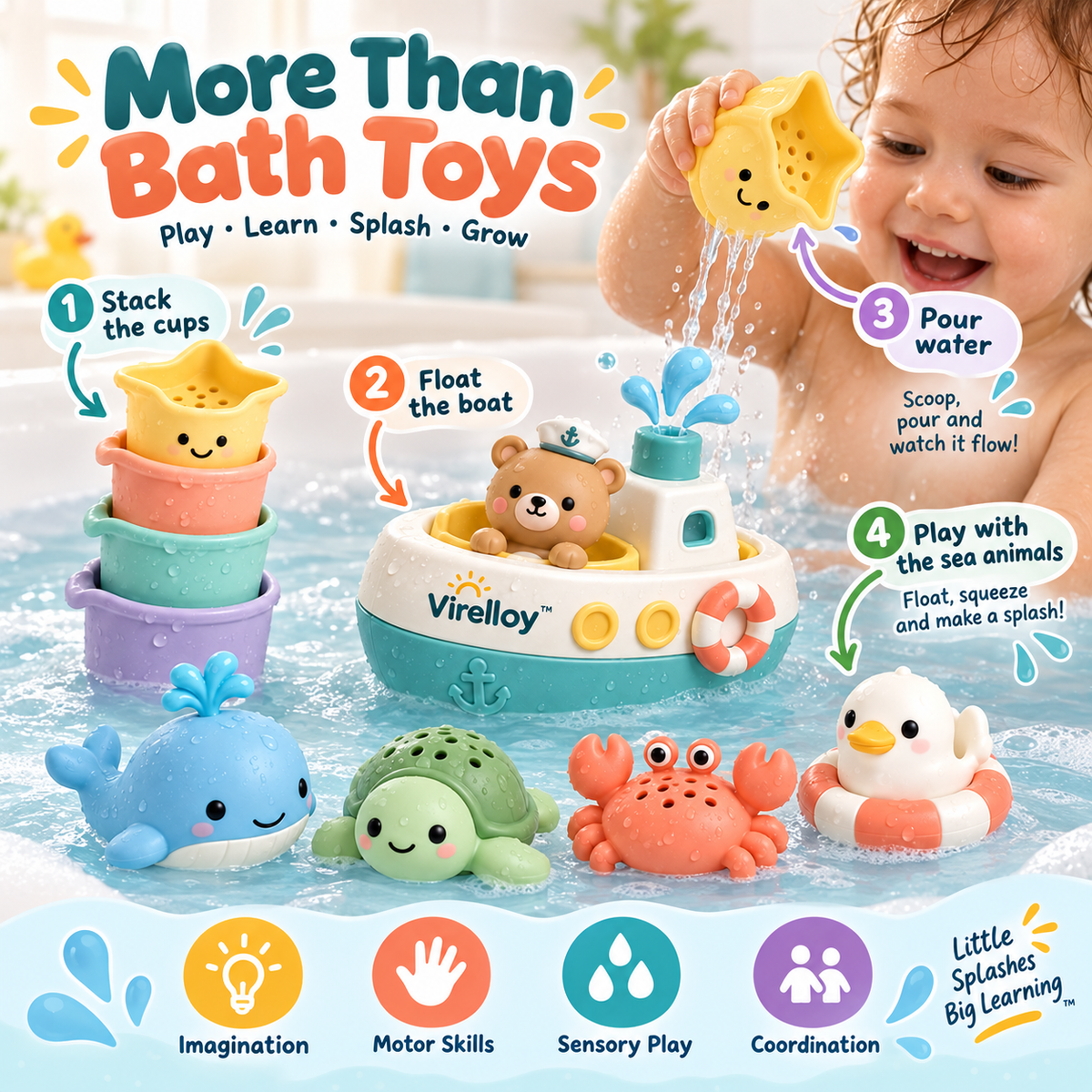 Virelloy™ Floating Bath Toy Set with Water Play Characters and Gentle Pouring Fun