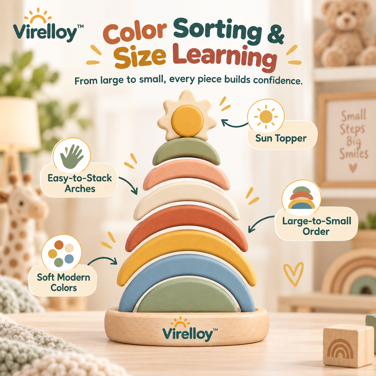 Virelloy™ Wooden Rainbow Stacking Tower with Color Sorting Arches and Creative Balance Play Set