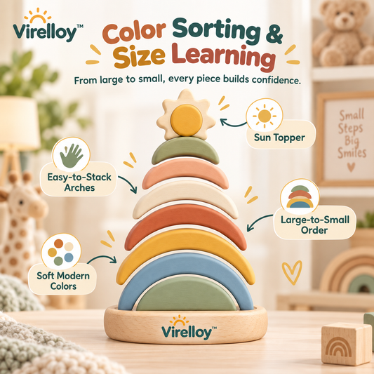 Virelloy™ Wooden Rainbow Stacking Tower with Color Sorting Arches and Creative Balance Play Set