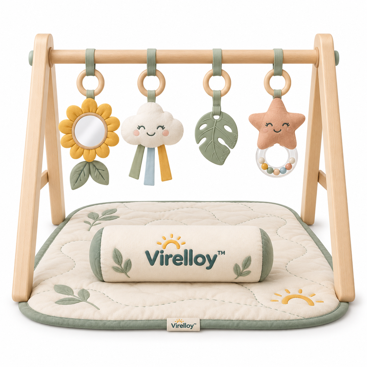 Virelloy™ Wooden Style Baby Activity Gym with Rotating Sensory Toys and Modern Nursery Play Center