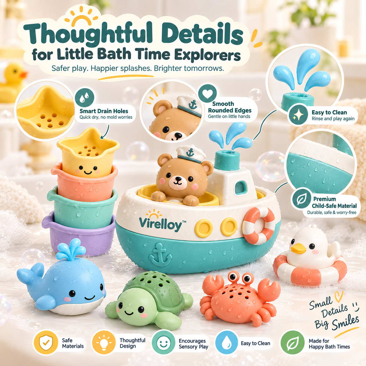 Virelloy™ Floating Bath Toy Set with Water Play Characters and Gentle Pouring Fun
